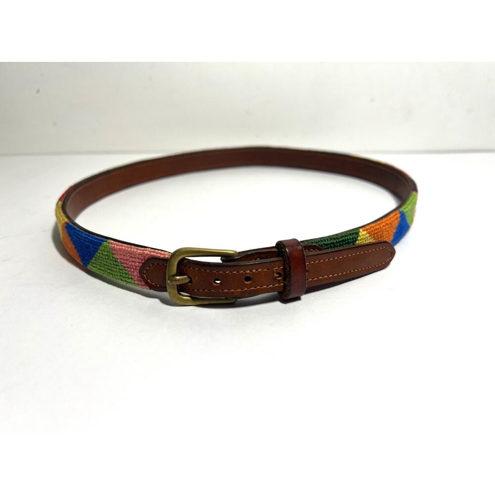 Dan Place EUC Multicolor UNISEX Triangle Needlepoint Belt Brown Leather 30